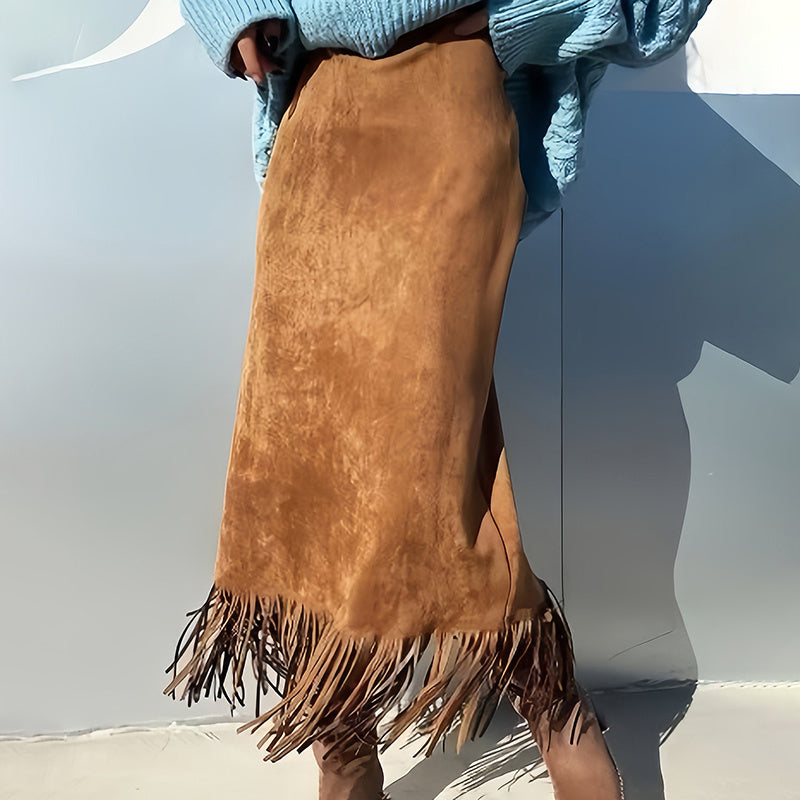 Women's A-Line Fringe Hem Skirt Solid Color Versatile Midi Skirt For Casual & Party Wear